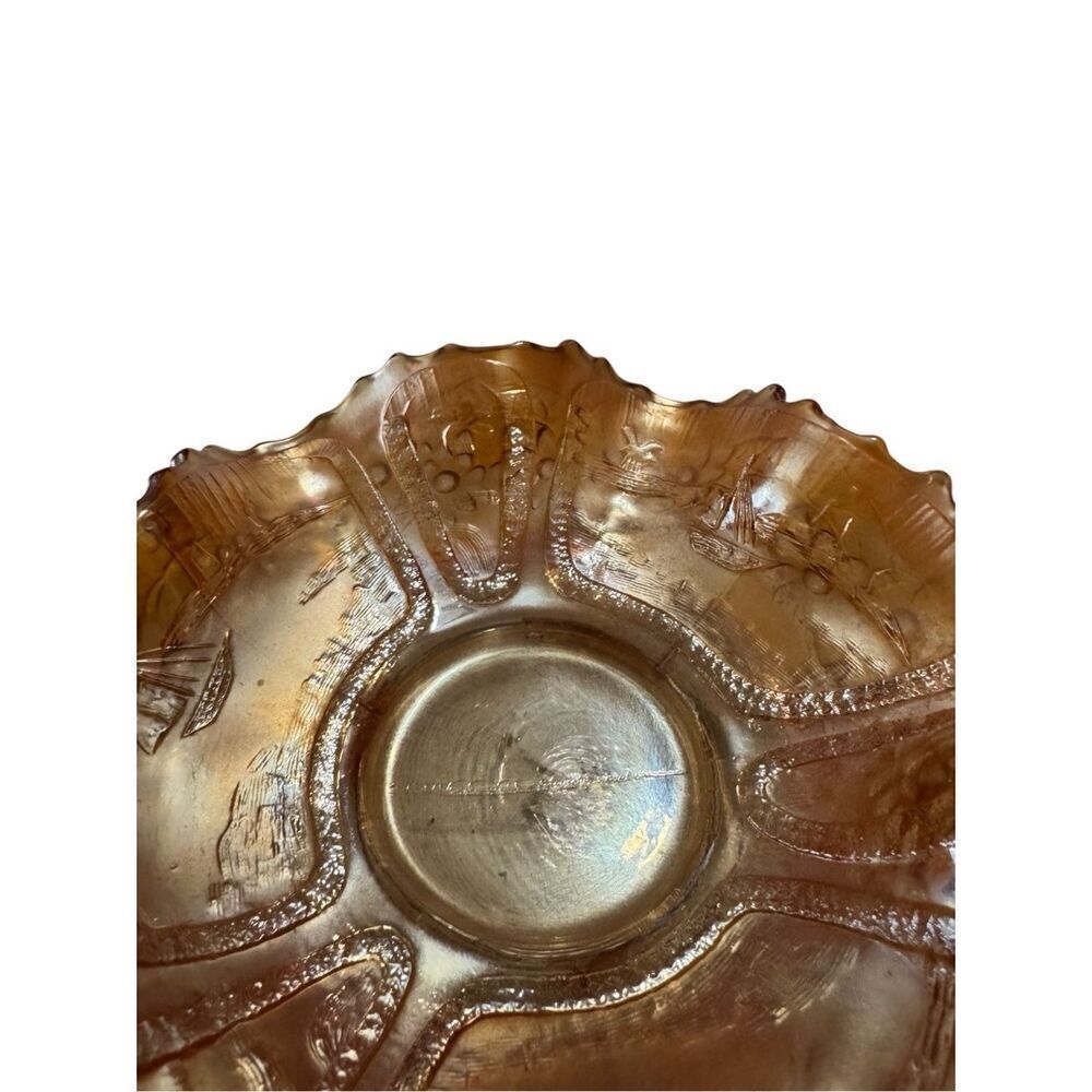 FENTON Sailboat Windmill & Orange Tree Carnival Glass Ruffled Rim Bowl 6.25"W - Picture 3 of 11